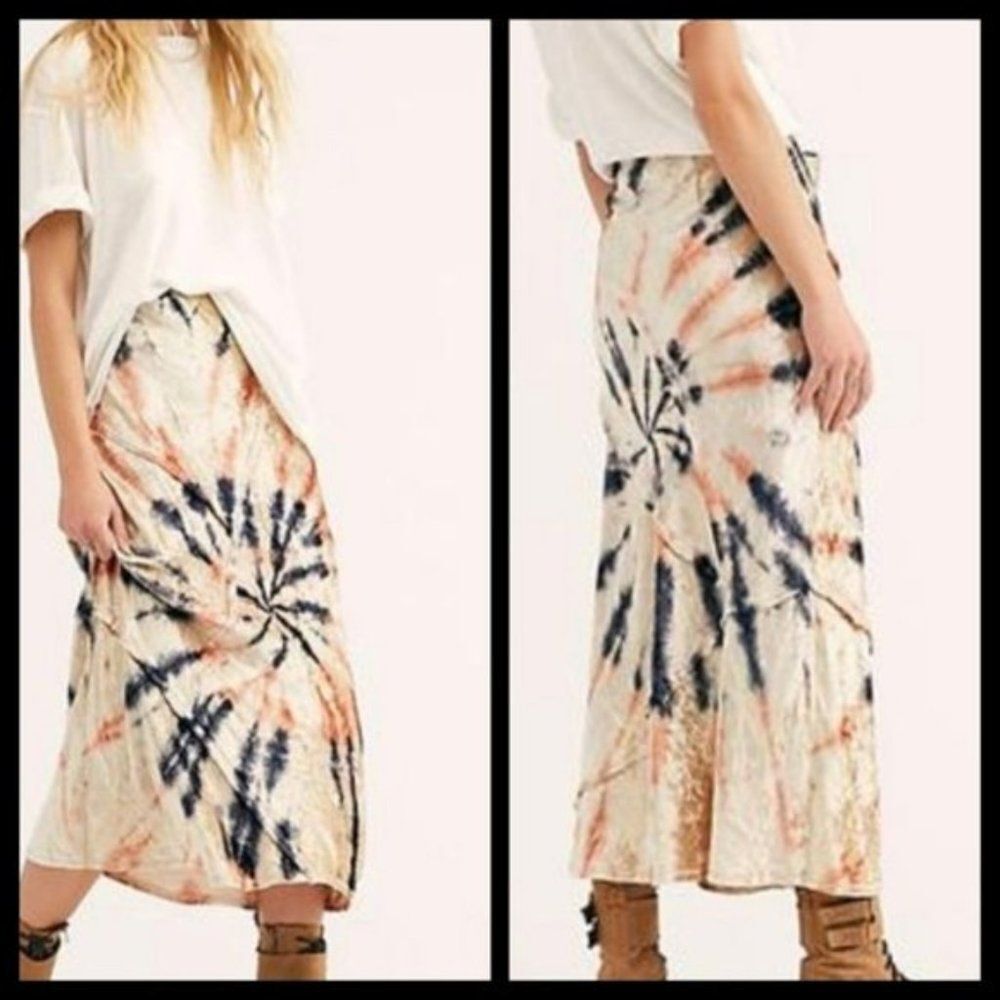 Free People Tie-Dye Midi Skirt in Navy and Peach on Cream